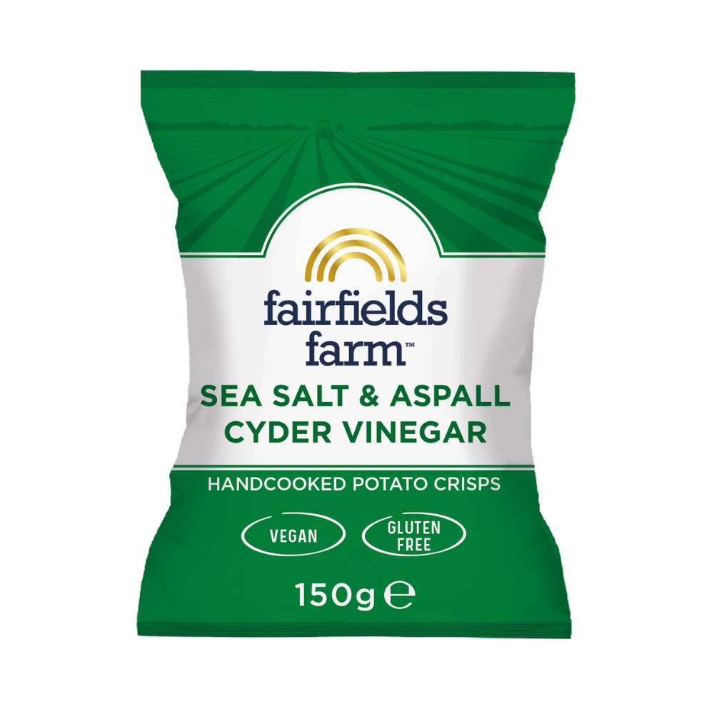 Packaging of Fairfields Farm sea salt and aspall cider vinegar potato crisps on a white background