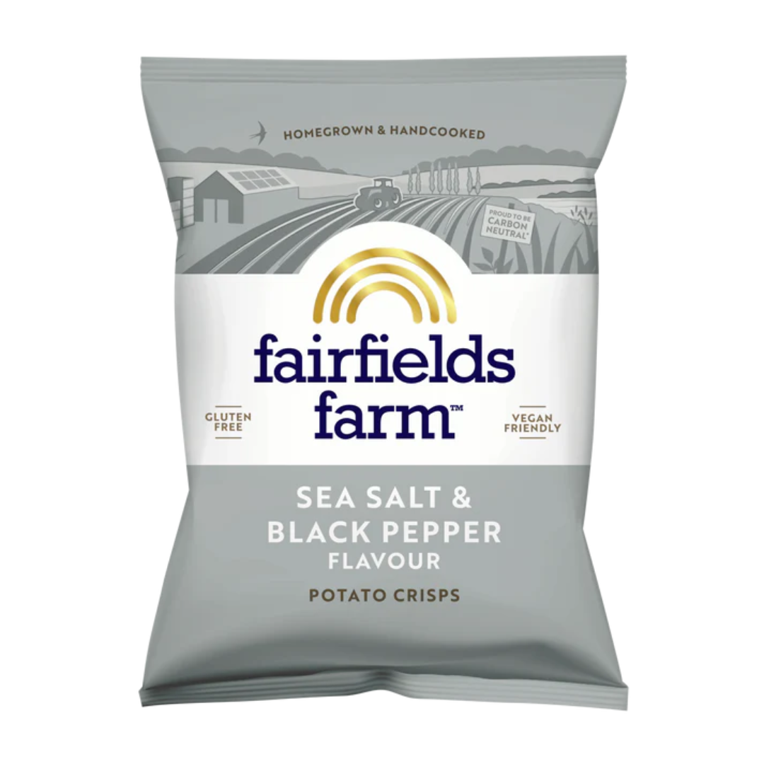 Packaging of Fairfields Farm potato crisps with a scenic background