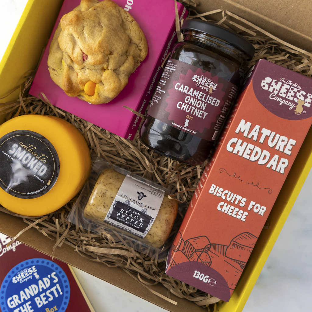 Grandad's the Best cheese hamper with smoked cheddar, black pepper barrel and chutney