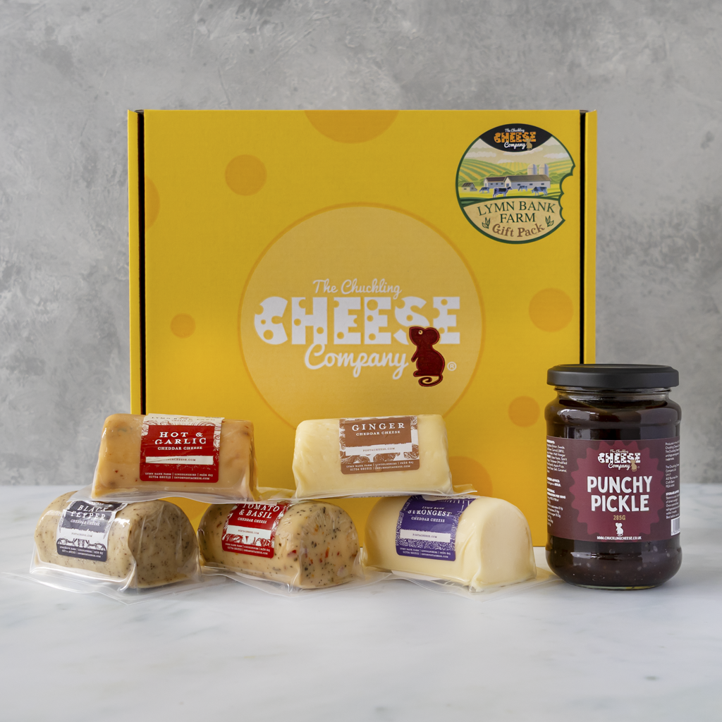 Lymn Bank Farm Gift Pack with Hot & Garlic Cheddar, Ginger Cheddar, Black Pepper Cheddar, Tomato & Basil Cheddar, Strongest Cheddar and Punchy Pickle.