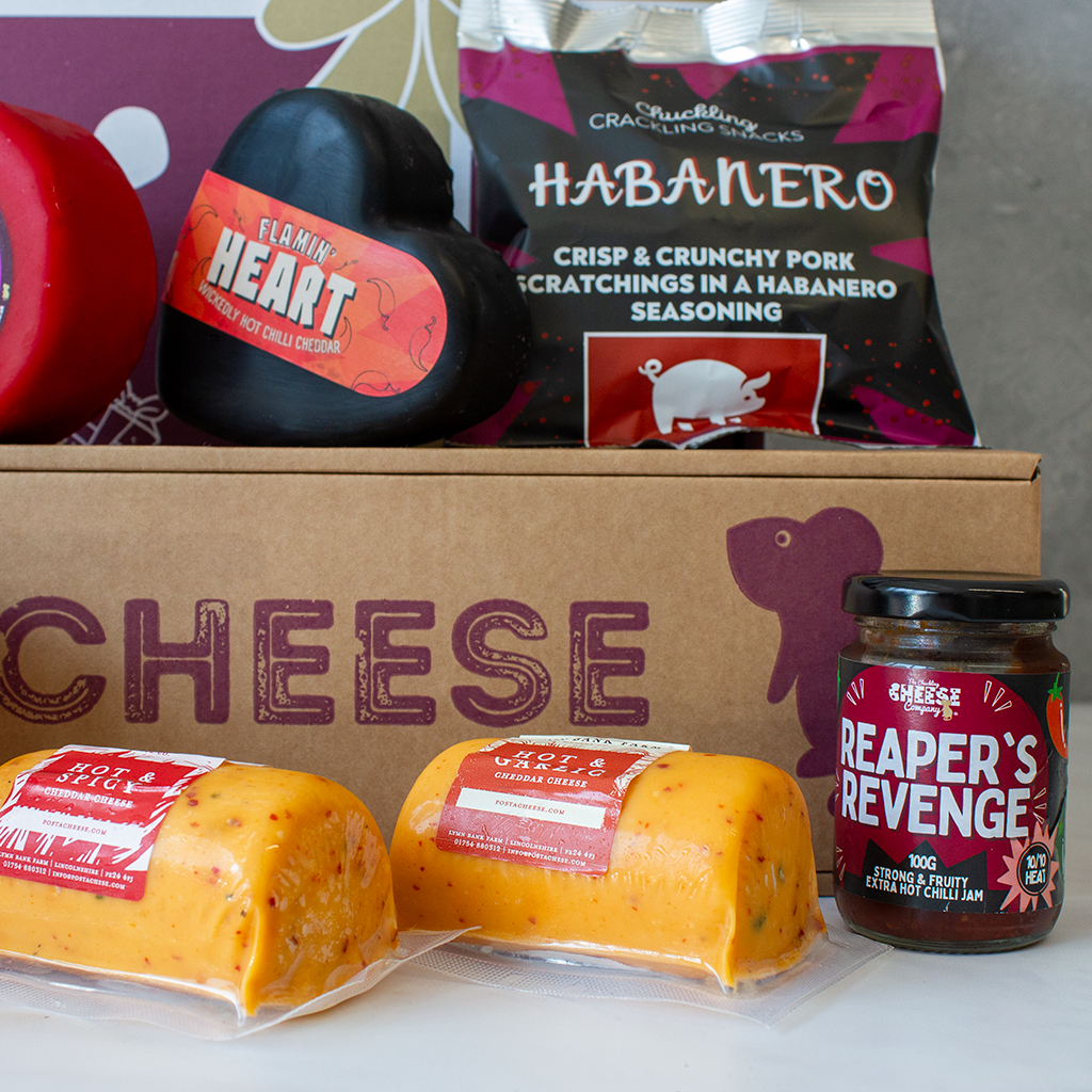 Chuckling Cheese spicy BBQ cheese hamper with Flamin’ Heart Cheddar, chilli jam and pork scratchings