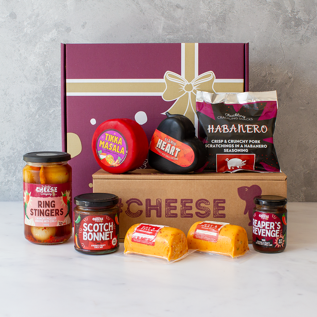 Chuckling Cheese spicy gift hamper with Tikka Masala cheese, Flamin’ Heart cheese, Habanero pork scratchings, Ring Stingers and chilli condiments