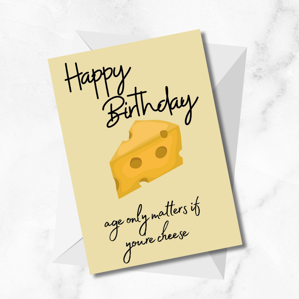 Chuckling Cheese birthday card with cheese illustration and envelope