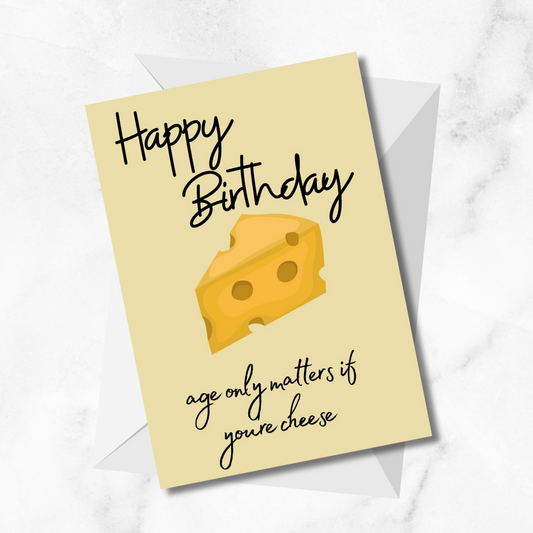Chuckling Cheese birthday card with cheese illustration and envelope