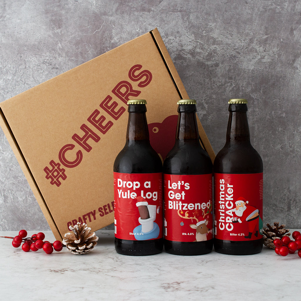Chuckling Cheese Christmas craft beer gift box with Drop a Yule Log, Let’s Get Blitzen and Christmas Cracker beers