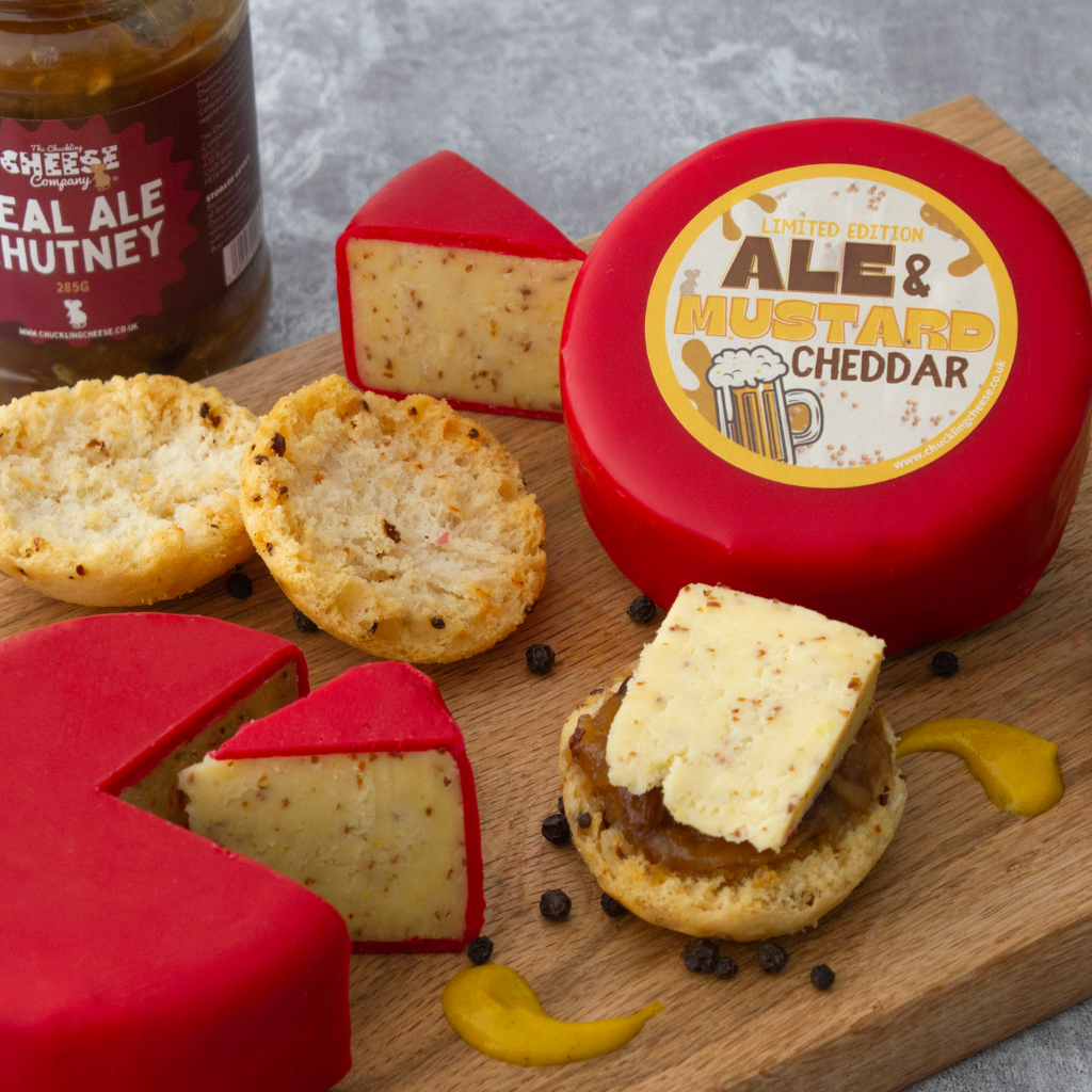 Chuckling Cheese Ale & Mustard Cheddar with Real Ale Chutney, crackers and cheese slices