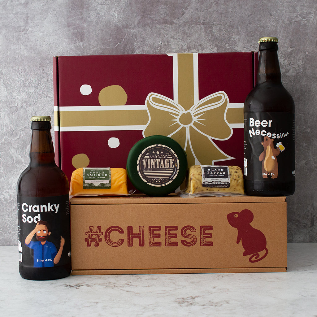 Chuckling Cheese beer and cheese hamper with craft beer, cheese truckles and savoury snacks