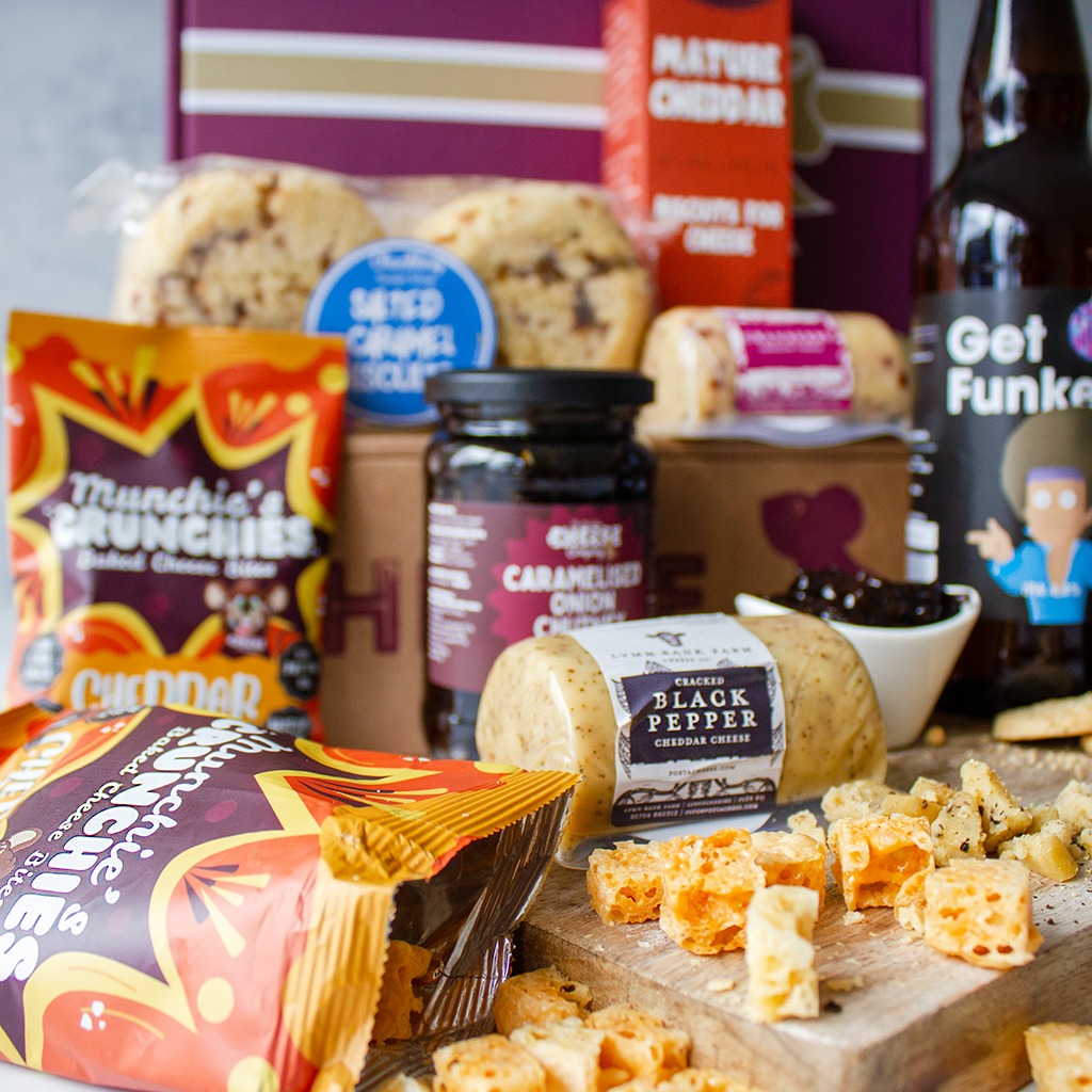 Chuckling Cheese gift hamper with beer, cheese biscuits, chutney, pork scratchings and savoury snacks