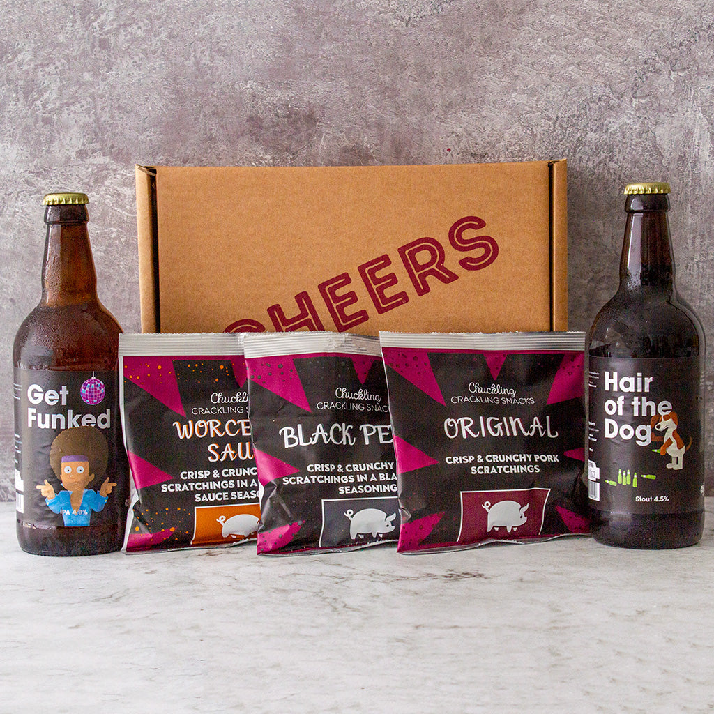 Chuckling Cheese business gift box with craft beers and assorted pork scratchings