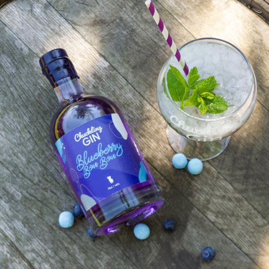 Chuckling Cheese Blueberry Bon Bon Gin with gin cocktail, mint and blueberry sweets