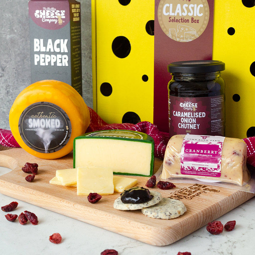 Chuckling Cheese Classic Selection Box with Smoked Cheddar, Black Pepper biscuits, chutney and cheese