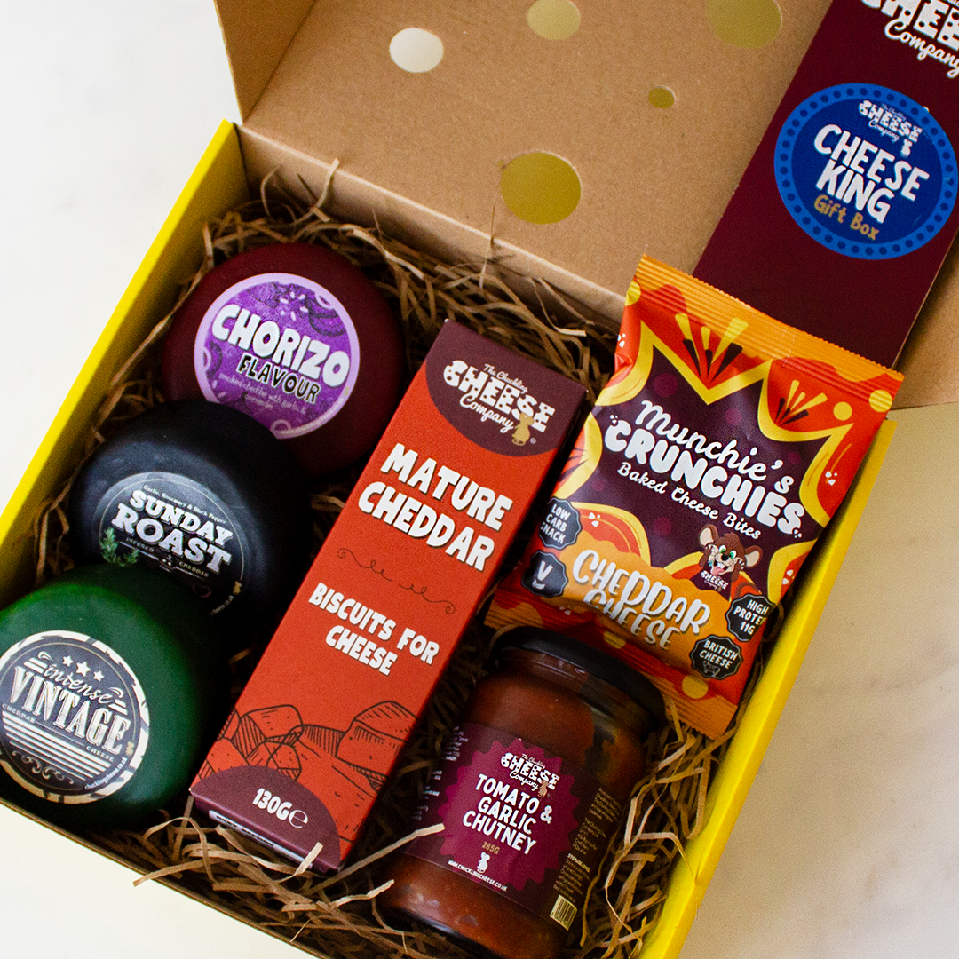 Chuckling Cheese Cheese King Gift Box with Sunday Roast, Ale & Mustard, Vintage cheddar, Tomato & Garlic Chutney, snacking cheese and Mature Cheddar biscuits