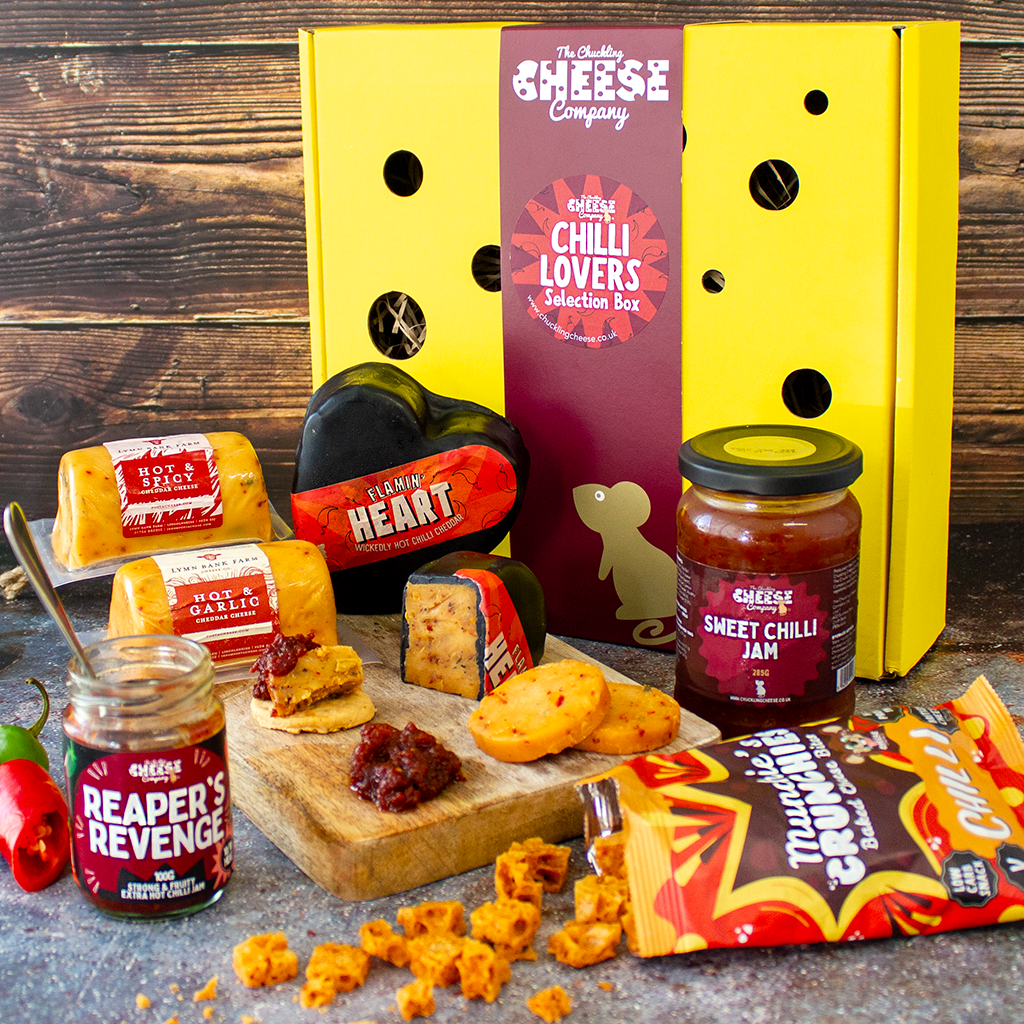 Chuckling Cheese Chilli Lovers gift box with spicy cheeses, chilli jam and savoury snacks