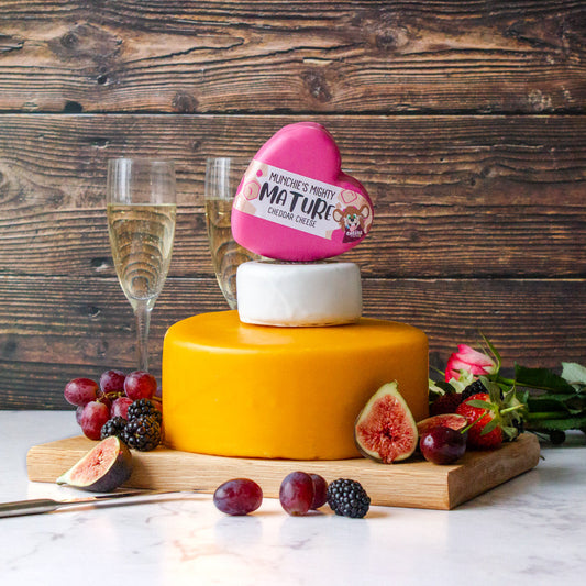 Chuckling Cheese Mother’s Day cheese cake with heart-shaped cheddar, fruit and champagne