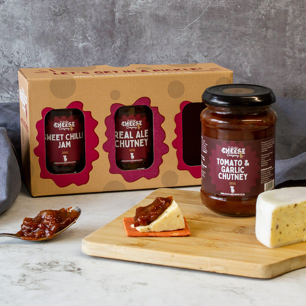 Chuckling Cheese chutney gift pack with Sweet Chilli Jam, Real Ale Chutney and Tomato Garlic Chutney