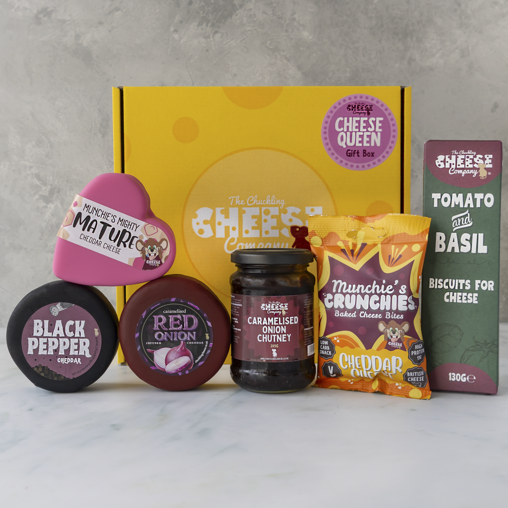 Mother’s Day cheese gift box with waxed cheese truckles, chutney and biscuits