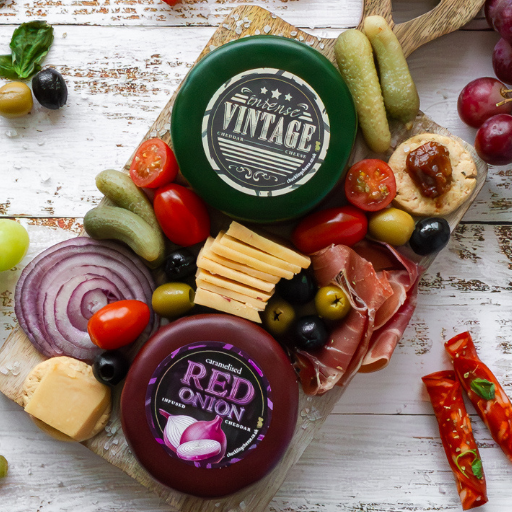 Chuckling Cheese Easter gift hamper with cheddar truckles, chutneys, biscuits and cheese slices