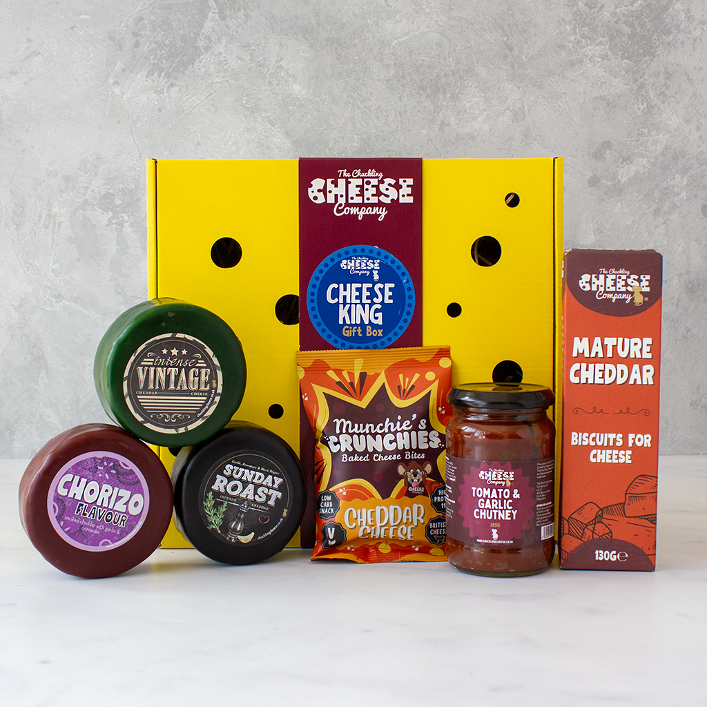 Chuckling Cheese Cheese King Gift Box with cheddar truckles, chutney, biscuits and snacks
