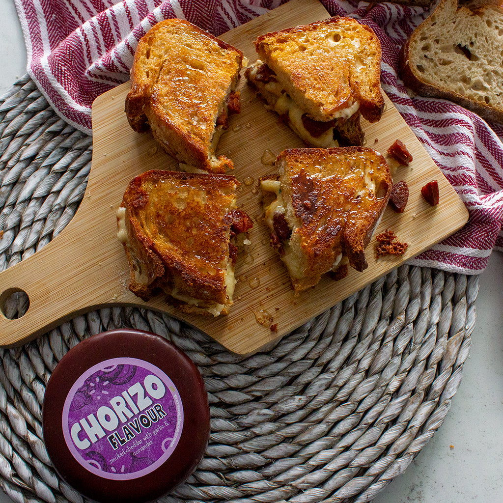 Chuckling Cheese chorizo toastie with melted cheddar, crispy sourdough and chorizo filling