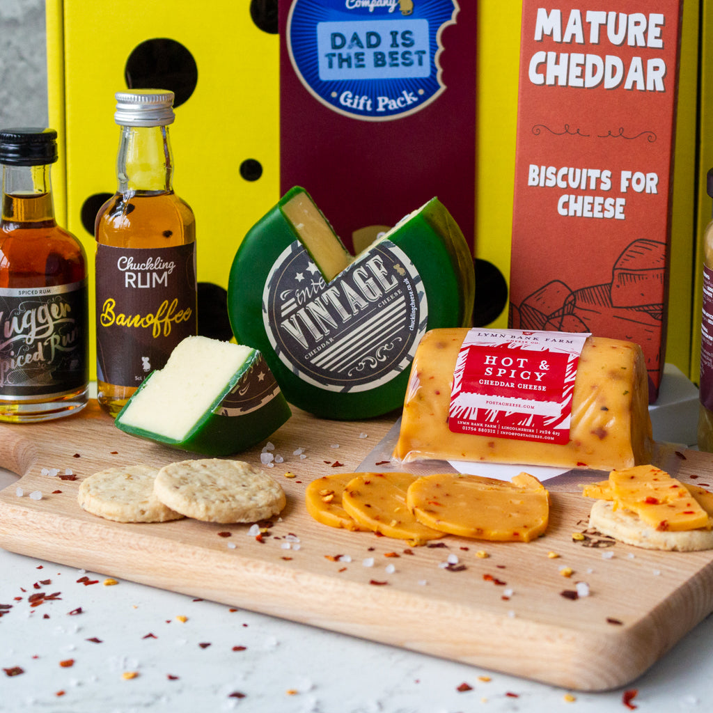 Chuckling Cheese Dad Is The Best gift pack with Vintage Cheddar, Hot & Spicy Cheddar, Banoffee rum and Mature Cheddar biscuits