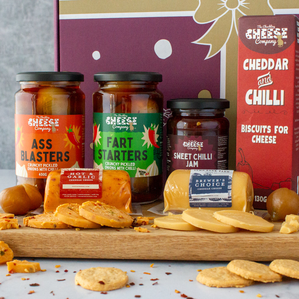 Chuckling Cheese Farty Pants gift hamper with Hot & Garlic cheese, Strongest cheese, Fart Starters pickled onions, Ass Blasters pickled onions, sweet chilli jam and crackers