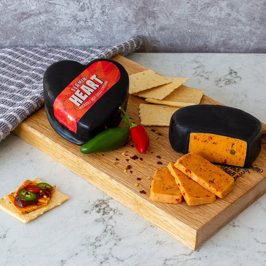 Chuckling Cheese Flamin’ Heart hot chilli cheddar with chillies, crackers and sliced spicy cheese