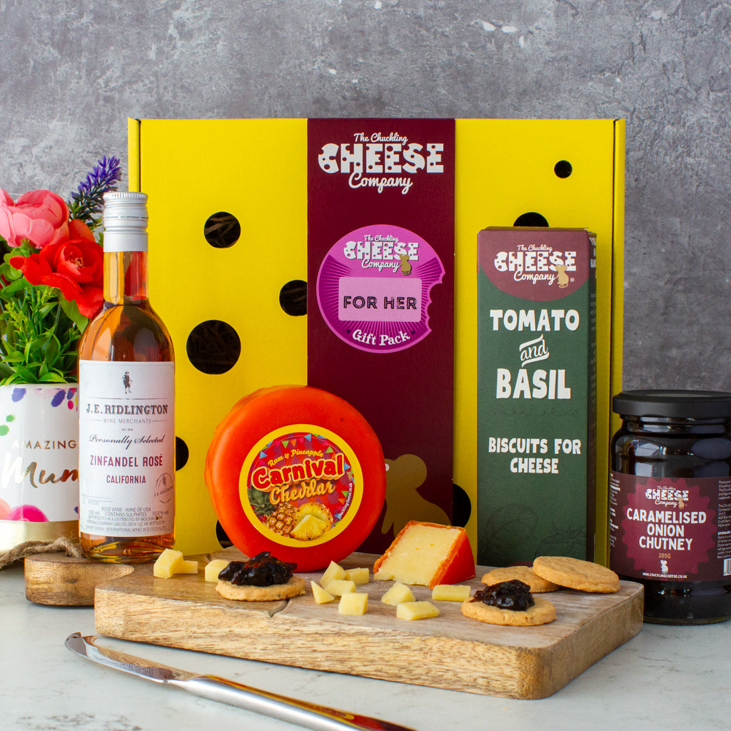 Chuckling Cheese gift hamper with wine, For Her cheese gift box, Carnival Cheddar, Tomato & Basil biscuits and chutney