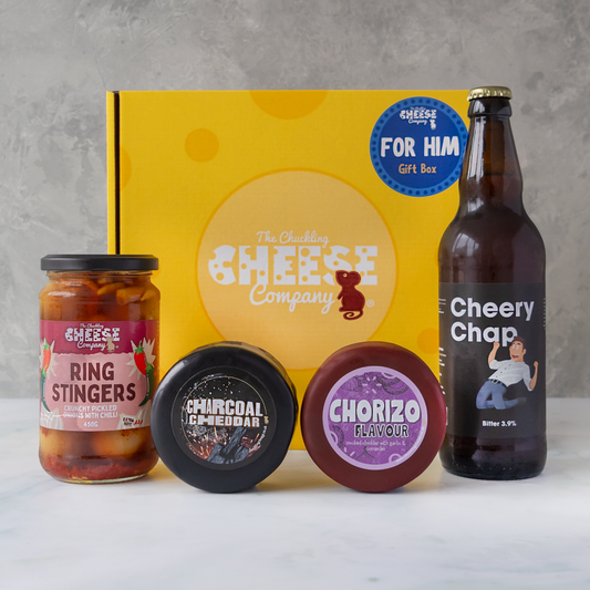 For Him Cheese Gift Box with Charcoal Cheddar, Chorizo Flavour Cheddar, Ring Stingers pickled onions and Cheery Chap bitter.