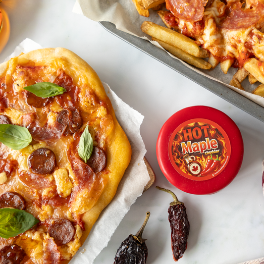 Hot Maple Caramelised Onion Pepperoni Pizza with pepperoni, melted cheddar, basil and sweet chilli jam