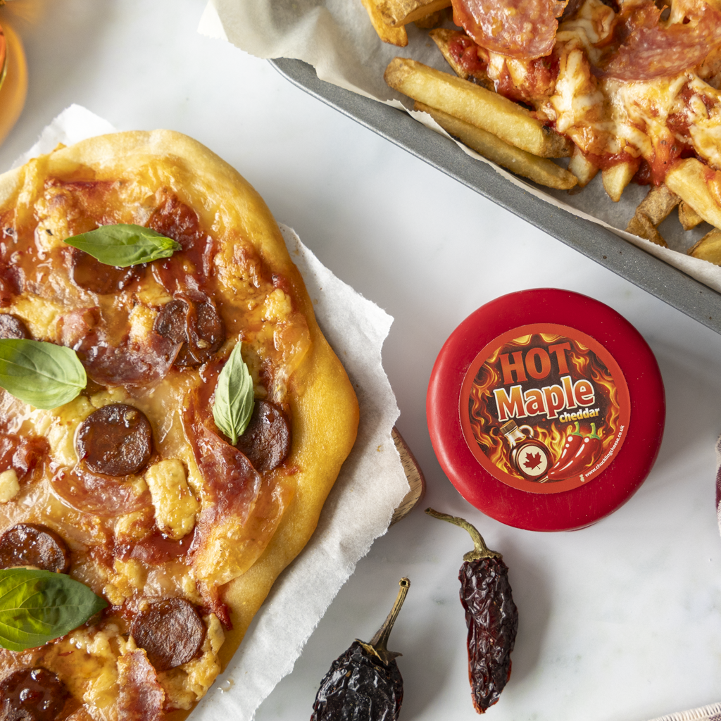 Hot Maple Caramelised Onion Pepperoni Pizza with pepperoni, melted cheddar, basil and sweet chilli jam