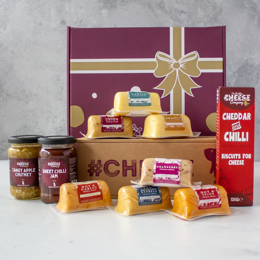 Chuckling Cheese gift hamper with cheese barrels, chutneys and mature cheddar biscuits