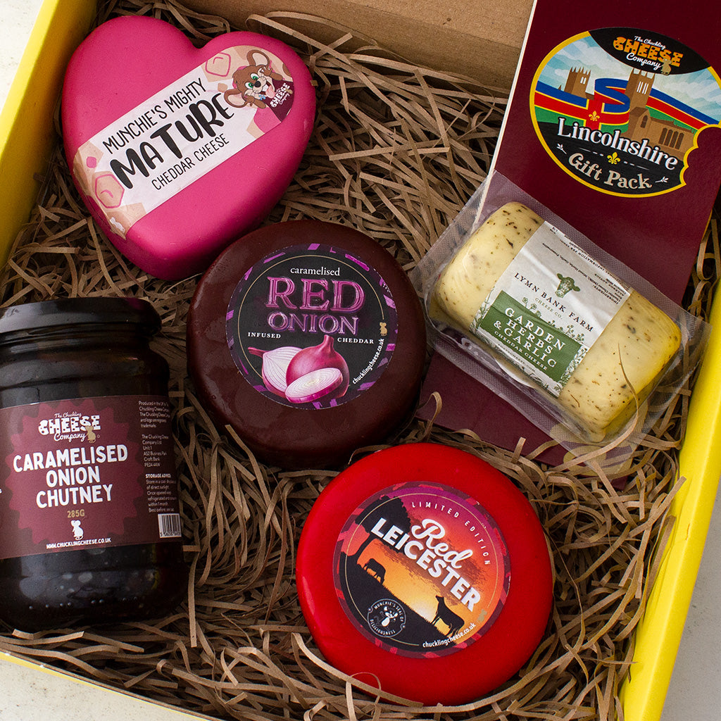 Chuckling Cheese Lincolnshire Inspired gift box with Munchie’s Mighty Mature, Vintage, Red Onion, Garden Herbs & Garlic cheese and caramelised onion chutney