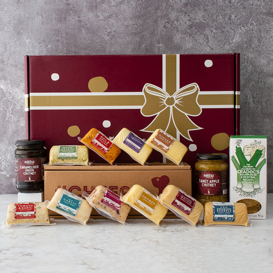 Chuckling Cheese corporate gift hamper with Lymn Bank cheese barrels, chutneys and biscuits