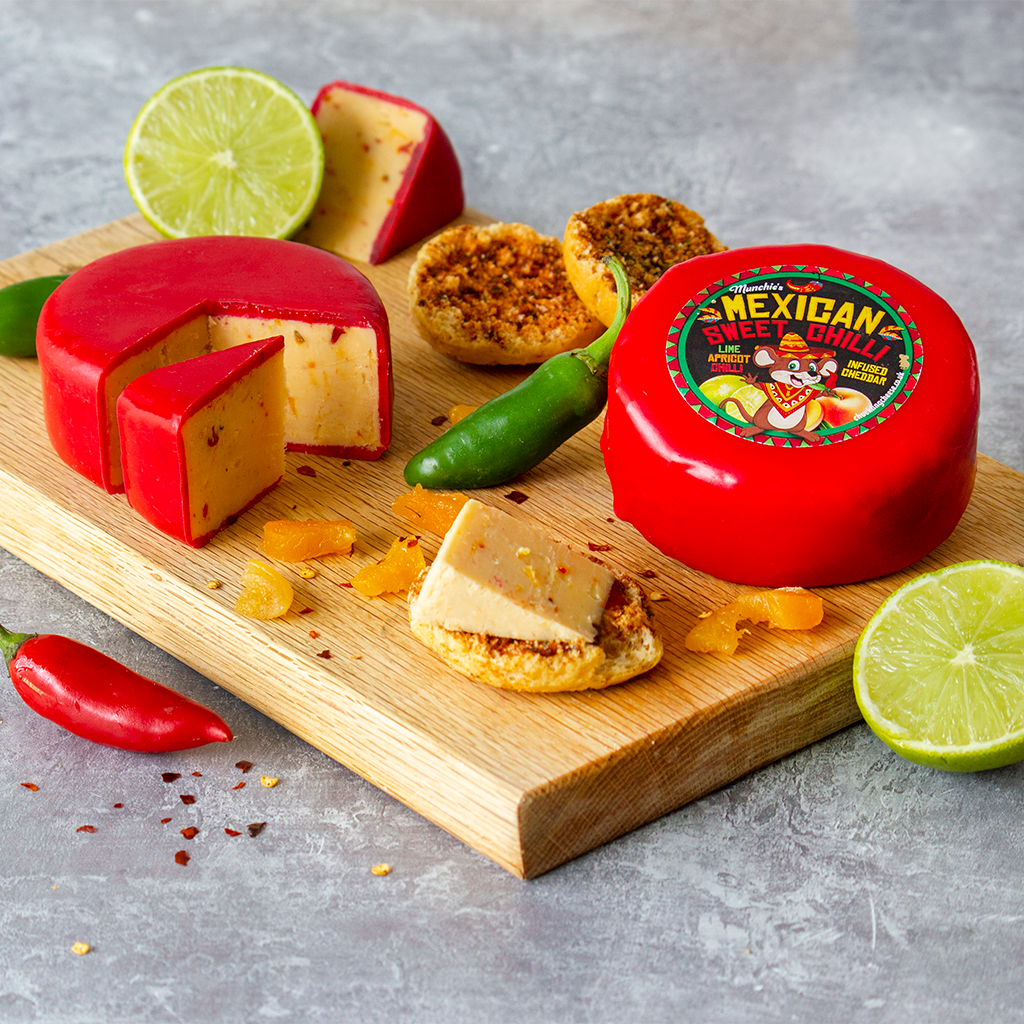 Chuckling Cheese Mexican Sweet Chilli Cheddar Truckle with lime, chilli, crackers and sliced cheese