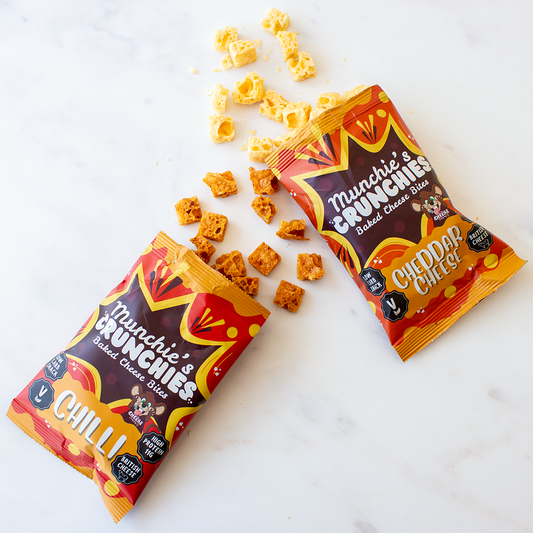 Chuckling Cheese Munchie’s Crunchies snack bags with chilli and cheese flavoured crunchy pieces