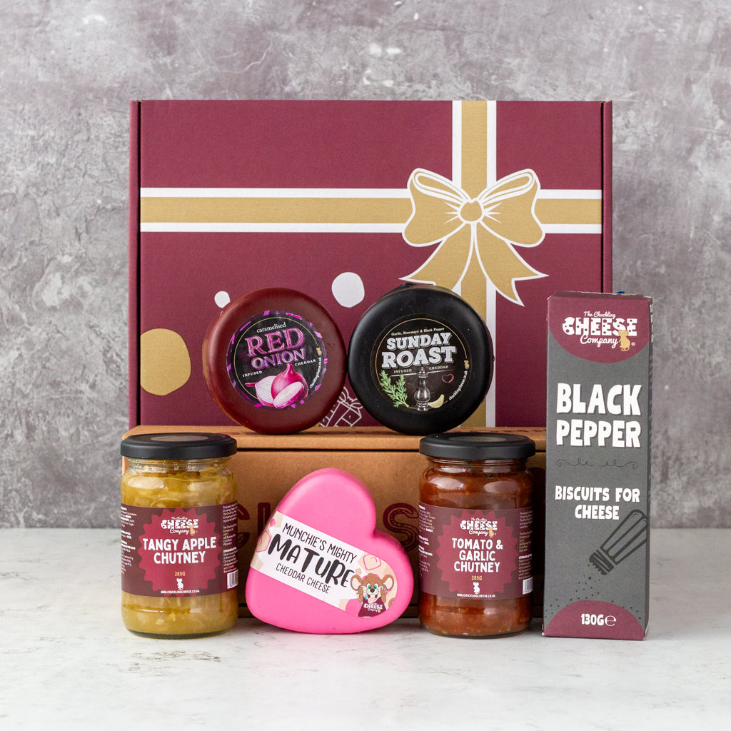 Chuckling Cheese corporate gift box with cheddar truckles, chutneys and Black Pepper biscuits