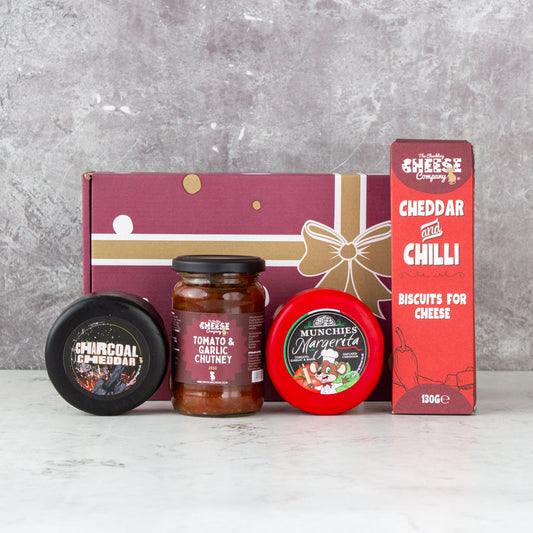Chuckling Cheese personalised cheese gift box with Charcoal Cheddar, chutney, cheese truckle and Cheddar Chilli biscuits