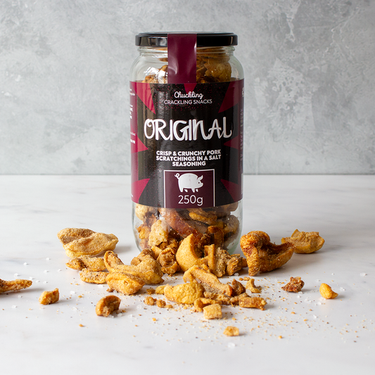 Chuckling Cheese Original pork scratchings jar with crunchy pork scratching pieces
