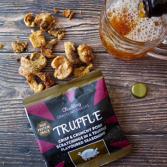 Chuckling Cheese truffle pork scratchings with beer and crunchy snack pieces