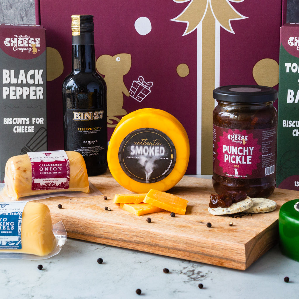 Chuckling Cheese Easter cheese platter with Smoked Cheddar, Bin 27 port, Punchy Pickle and biscuits