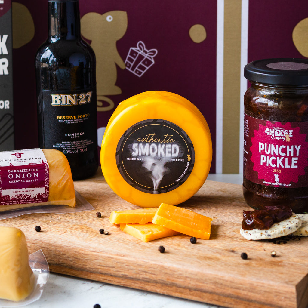 Chuckling Cheese Smoked Cheddar with Bin 27 port, Punchy Pickle and cheese pairings