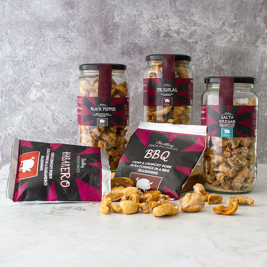 Chuckling Cheese pork scratchings gift selection with jars, snack bags and crunchy pieces