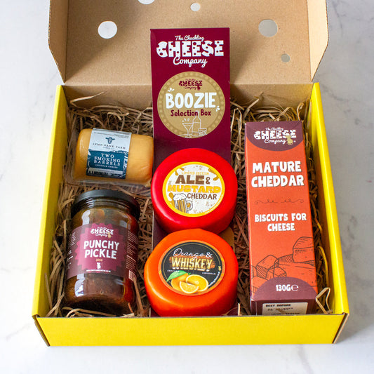 Chuckling Cheese gift box with Boozie Selection Box, cheddar truckles, Punchy Pickle and Mature Cheddar biscuits