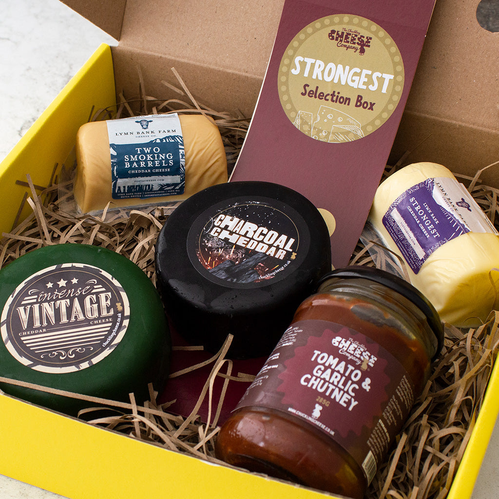 Chuckling Cheese Strongest Selection Box with Vintage Cheddar, Charcoal Cheddar, chutney and cheese truckles