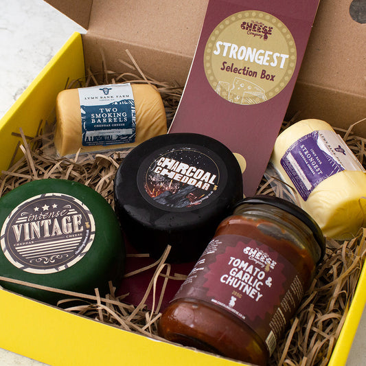 Chuckling Cheese Strongest Selection Box with Vintage Cheddar, Charcoal Cheddar, chutney and cheese truckles