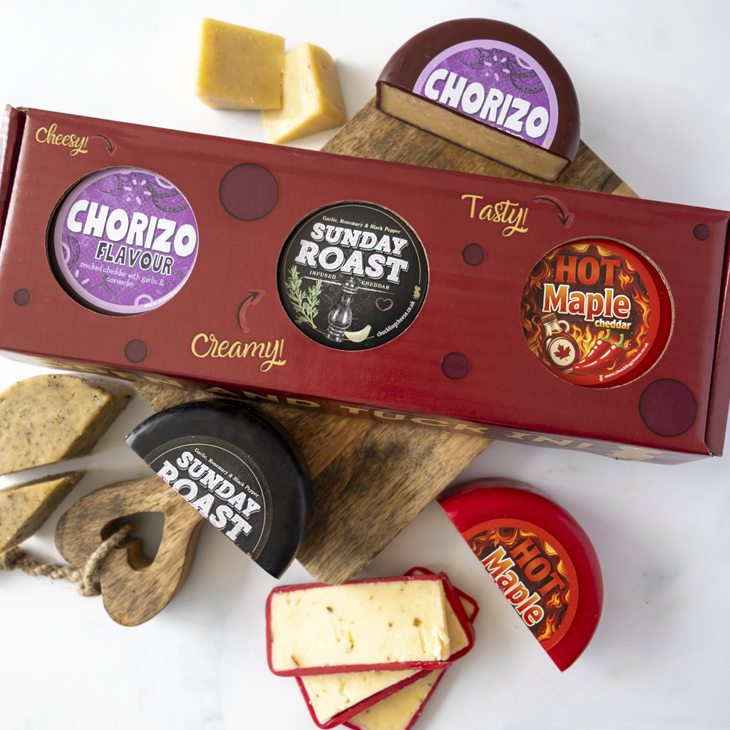 Cheese truckle gift box with Chorizo, Sunday Roast and Hot Maple Cheddar, served with crackers and cheese wedges