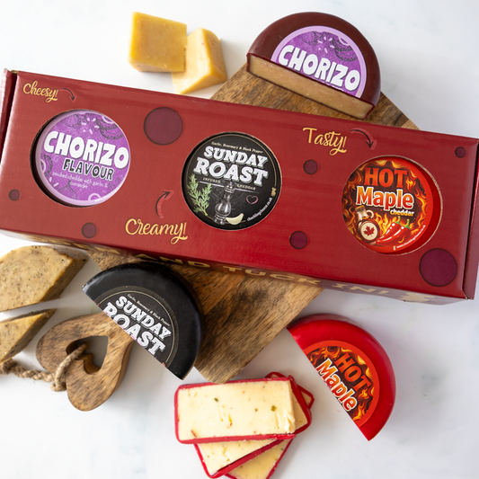 Cheese truckle gift box with Chorizo, Sunday Roast and Hot Maple Cheddar, served with crackers and cheese wedges