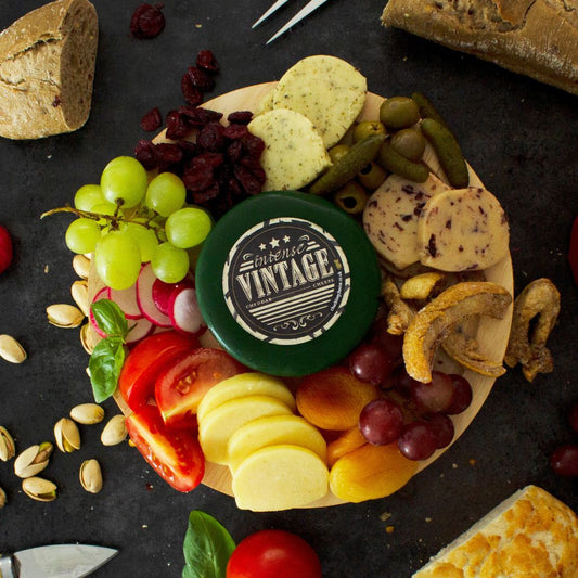 Chuckling Cheese Vintage Cheddar Truckle cheeseboard with fruit, crackers, nuts and vegetables
