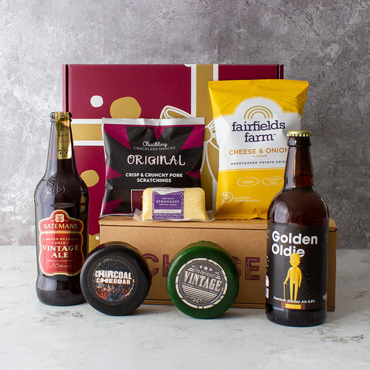 Chuckling Cheese vintage gift hamper with beer bottles, Charcoal Cheddar, Vintage Cheddar, pork scratchings and crisps