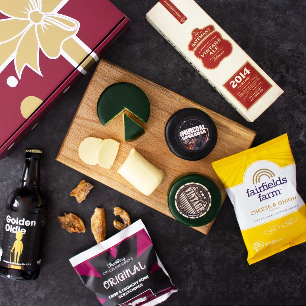 Chuckling Cheese cheeseboard with beer, wine, cheese truckles and savoury snacks